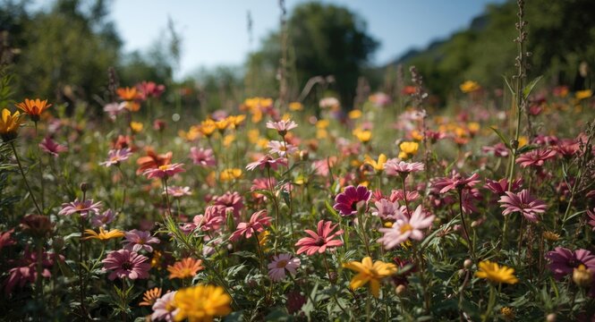 Multicolored flowers flourishing beautifully in natural green area under clear sunny skies