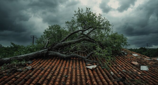 Tree collapse damages tile roof amid stormy skies