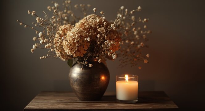 Warm cozy decor featuring dried hydrangea and spikelets in vase alongside candle on table
