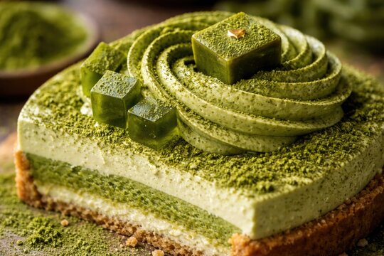 Close up view of a detailed matcha dessert with intricate textures