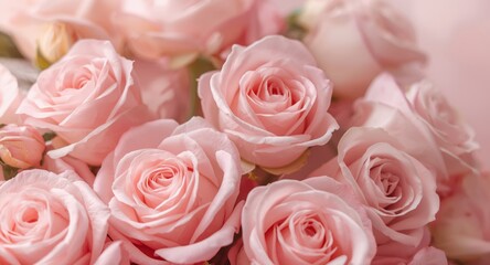 Fototapeta premium Softly blurred delicate pink roses on a pastel toned background for greeting cards