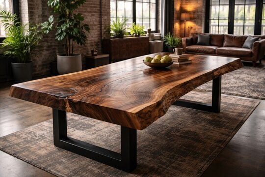 Live edge walnut wood table with natural loft style