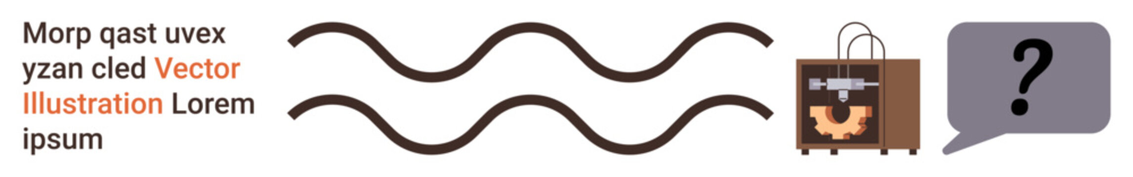 3D printing, troubleshooting, material flow, prototyping, manufacturing, innovation. Flowing lines, a 3D printer and a question mark in a speech bubble. 3D printing and troubleshooting visualization