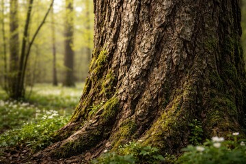 Obraz premium Close up view of a tree trunk texture in a serene early spring woodland