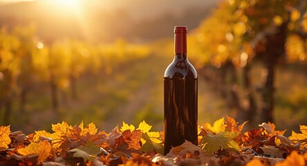 Fototapeta premium Warm autumn light highlights red wine bottle on leaf cover with an out of focus vineyard and extra wine bottles in view