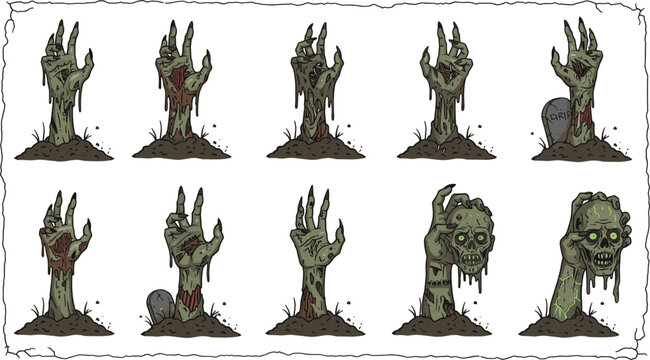 Zombie Hand and Grave Icon Set Featuring Various Undead Poses for Halloween, Horror, and Spooky Design Projects