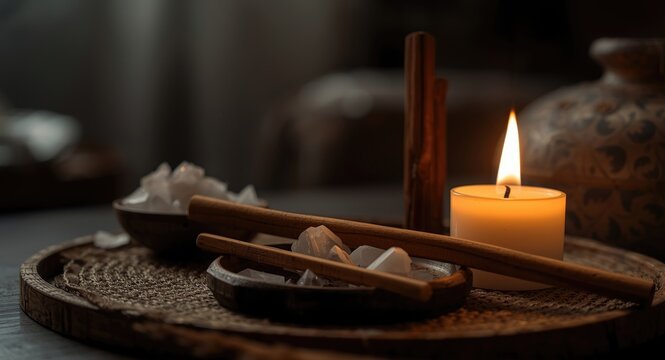 Spiritual cleansing with Palo Santo and crystals enhancing positive vibes in a calm home