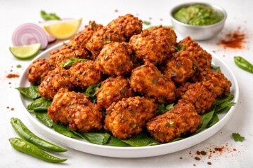 Fototapeta premium Traditional Indian chicken fritters served on plain white background