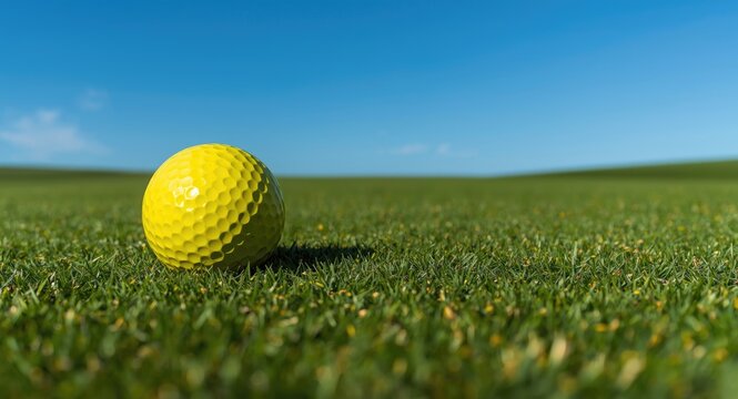 Yellow golf ball settled on flourishing green turf with clear blue sky and ample copy space for marketing