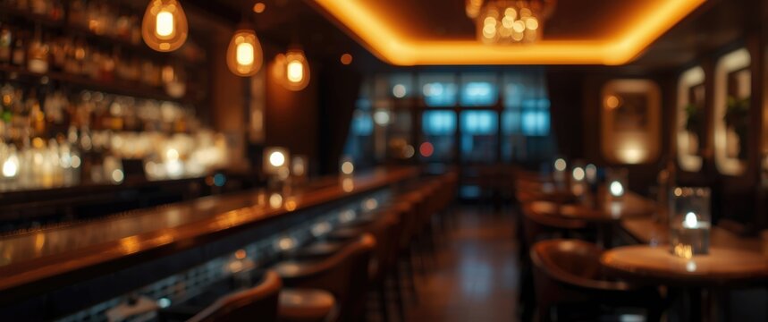 Upscale hotel bar interior with ambient cool bokeh lighting and soft blurred background for design