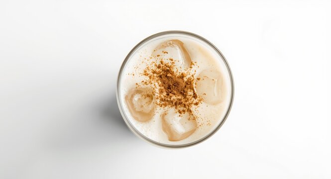 Creamy vanilla milkshake with ice cubes and cinnamon topping served cold on white background