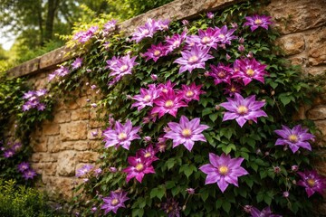 Obraz premium Robust clematis climbing plant blooming vibrantly on garden wall