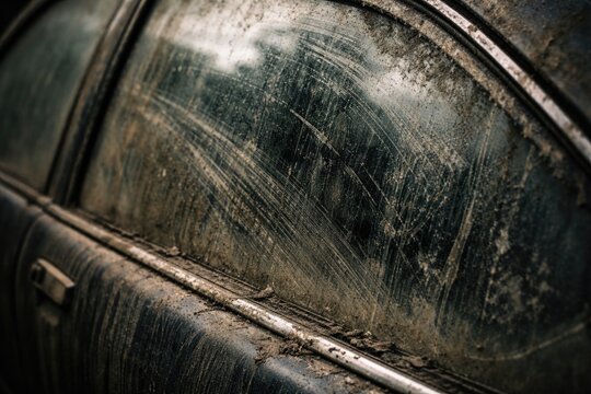 Close-up view of a neglected car window layered with smeared dust and grime showing prolonged wear