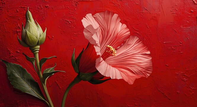 Vibrant red backdrop showcasing Musk Mallow in an intricate oil painting style