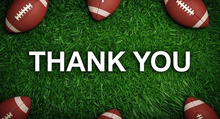 Obraz premium Thank you text located on a lively green turf including footballs