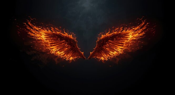 Single pair of wings engulfed in flames against a dark and moody backdrop