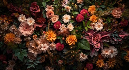 Spectacular display of mixed floral species accompanied by lush leaves