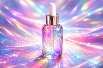 Naklejka premium Iridescent dropper bottle shining with vibrant colors on a holographic background for beauty aesthetics