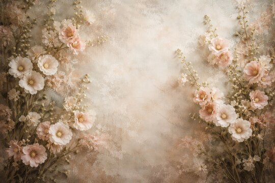 Artistic textured wall backdrop featuring delicate Alcea flowers in gentle tones highlighting botanical elegance