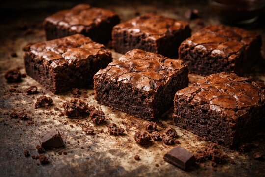 Homemade chocolate brownies with scattered crumbs on rustic surface