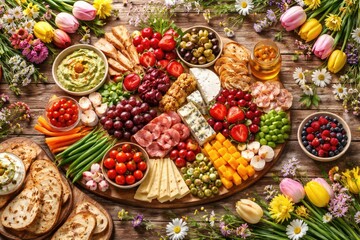 Fototapeta premium Spring themed charcuterie table with cheese meat fruit and vegetables on wooden backdrop from above