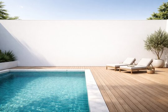 Minimalist swimming pool terrace with wooden deck and vacant white wall for advertising