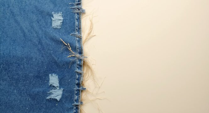 upcycled blue denim fabric featuring torn holes and text copy space