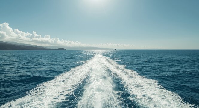 Sleek yacht sailing on sunny tropical waters creating bow wave with copy space
