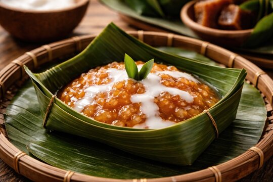 Traditional Jenang pudding with coconut milk served in banana leaf container