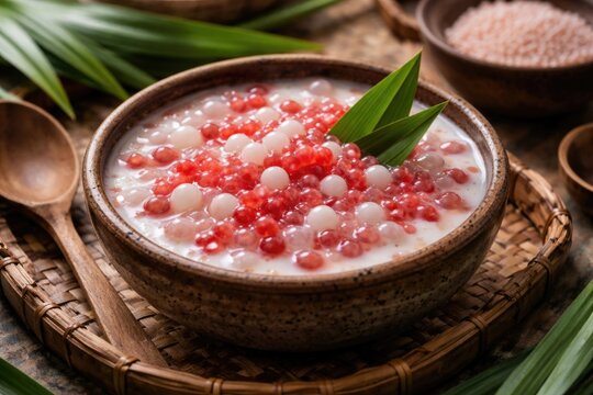 Traditional Indonesian dessert Bubur Pacar Cina with sago pearls and fragrant pandan served in a rustic bowl