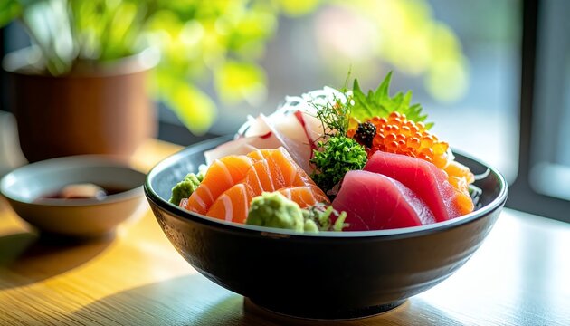 Delicious Japanese Chirashi Don with Fresh Sashimi and Seafood.