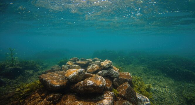 Sun-drenched seabed with lively stones and algae bloom