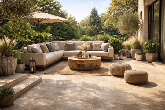Outdoor terrace featuring beige ceramic granite tile flooring with garden decor and a comfortable sitting area