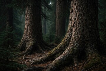 Fototapeta premium close up view of ancient pine tree trunks in a dark evergreen forest