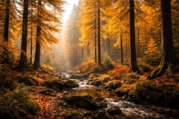 Obraz premium Golden Larch Trees in Autumn Woodland by Tranquil Stream