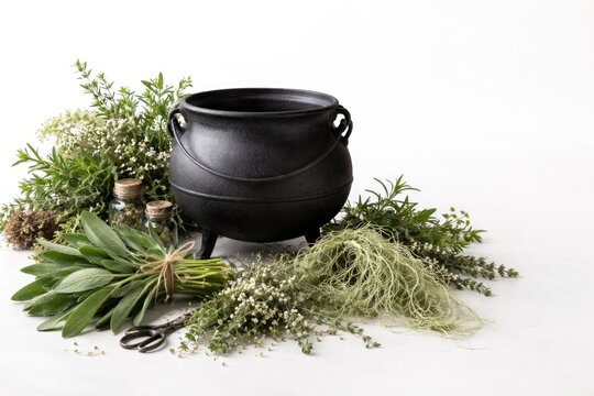 Collection of natural herbs including sage and usnea lichen with a black cauldron on a clean white background featuring copy space