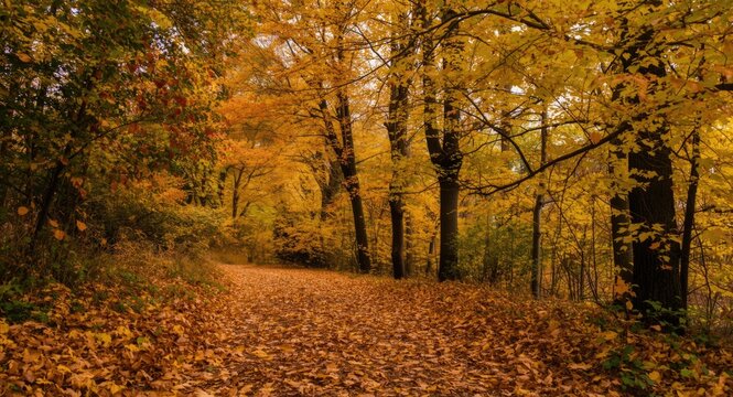 Vibrant autumn time with trees dressed in golden foliage and leaves gently falling as temperatures decrease