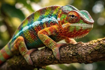 Obraz premium Closeup of a vibrant panther chameleon perched on a tree branch