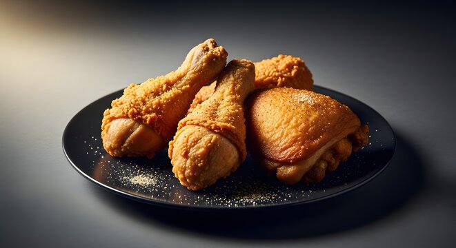 Tiga potong ayam goreng tepung yang renyah dan paha atas disajikan di atas piring hitam dengan taburan lada