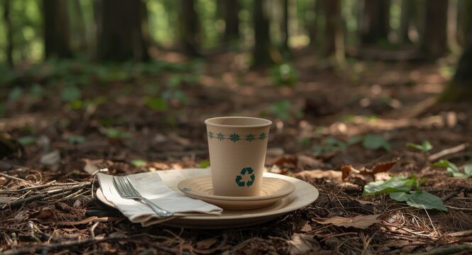 Sustainably made paper tableware placed in tranquil forest clearing alongside recycling icon and copy space