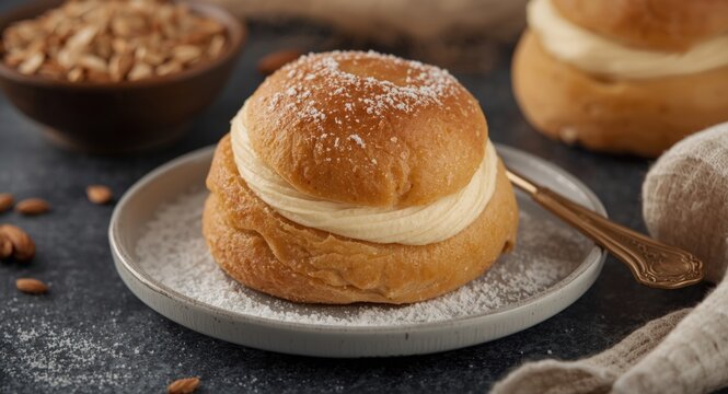 Scandinavian semla sweet bun filled with almond marzipan and cream