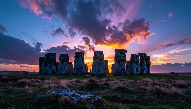 Stonehenge at Sunset - Ancient Megalithic Monument Against a Dramatic Sky.