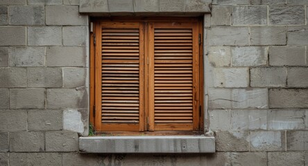 Fototapeta premium Wooden closures on a window framed by a dull gray concrete wall background