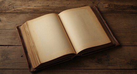 Fototapeta premium Vintage open book displayed on rustic wood table blank pages illuminated by gentle brown light perfect for literature or law concepts