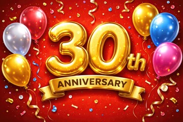Obraz premium Cheerful 30th anniversary cartoon with shiny gold foil numbers and metallic balloons on vibrant red background