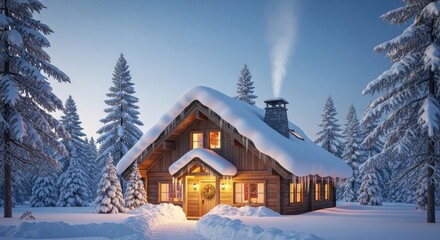 Fototapeta premium Cozy Winter Cabin in a Snowy Forest with Warm Lights.