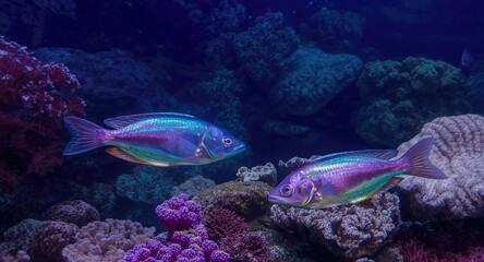 Fototapeta premium Tropical coastal background showcasing iridescent fish and peri purple tones