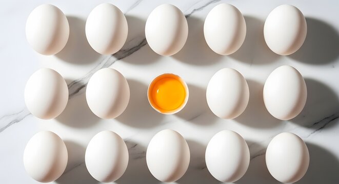Pola rapi butiran telur putih di atas meja marmer dengan satu telur yang pecah di tengah sebagai pusat