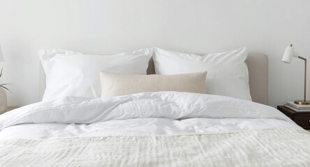 Obraz premium Serene bedroom with a white bed topped by an array of pillows and lightweight sheets