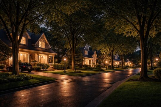 Nighttime suburban neighborhood scene with illuminated houses and tree lined driveways